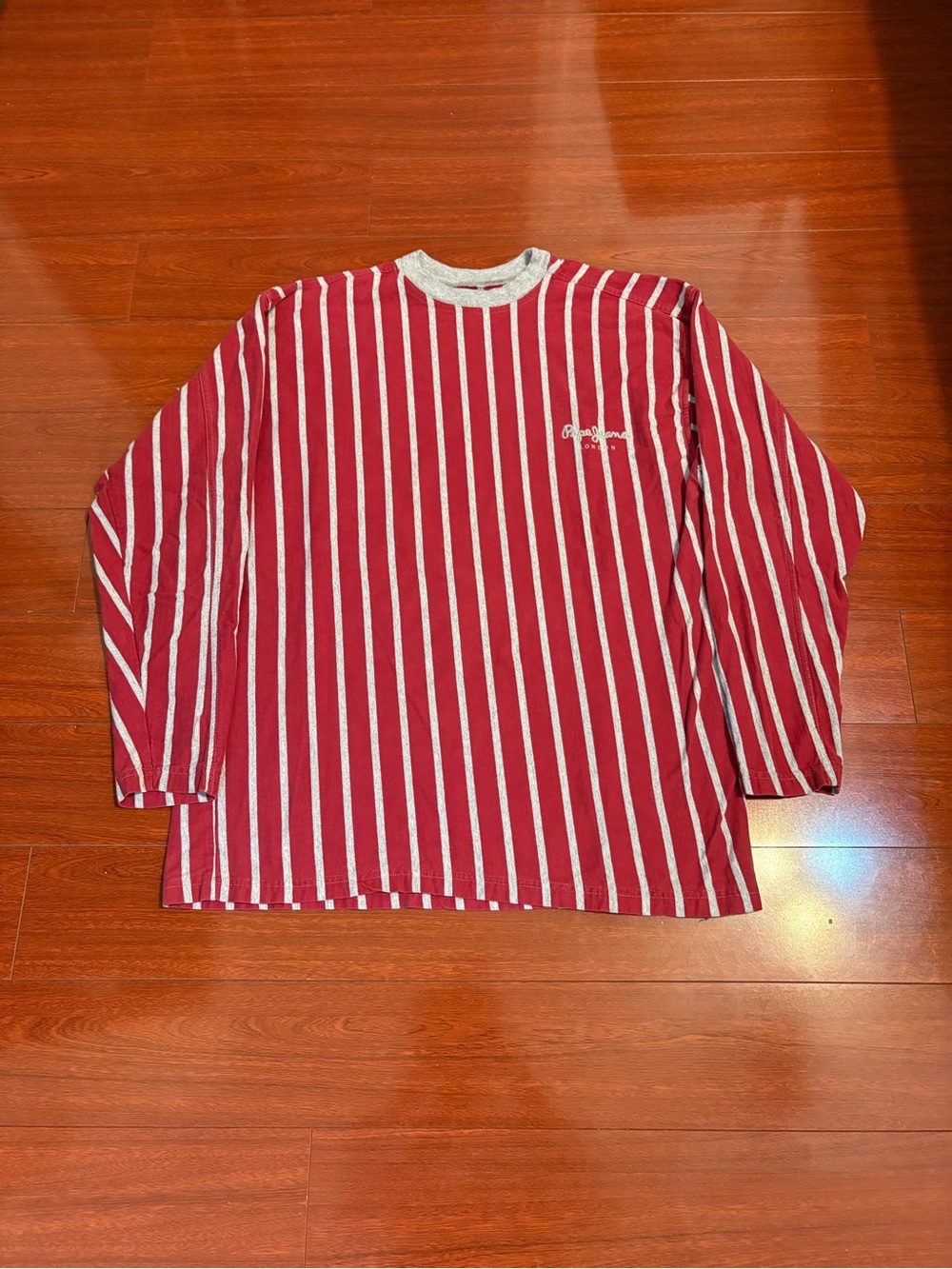 Men’s Vintage Preppy Style Pepe Jeans Red Gray Striped Long Sleeve Size Large
